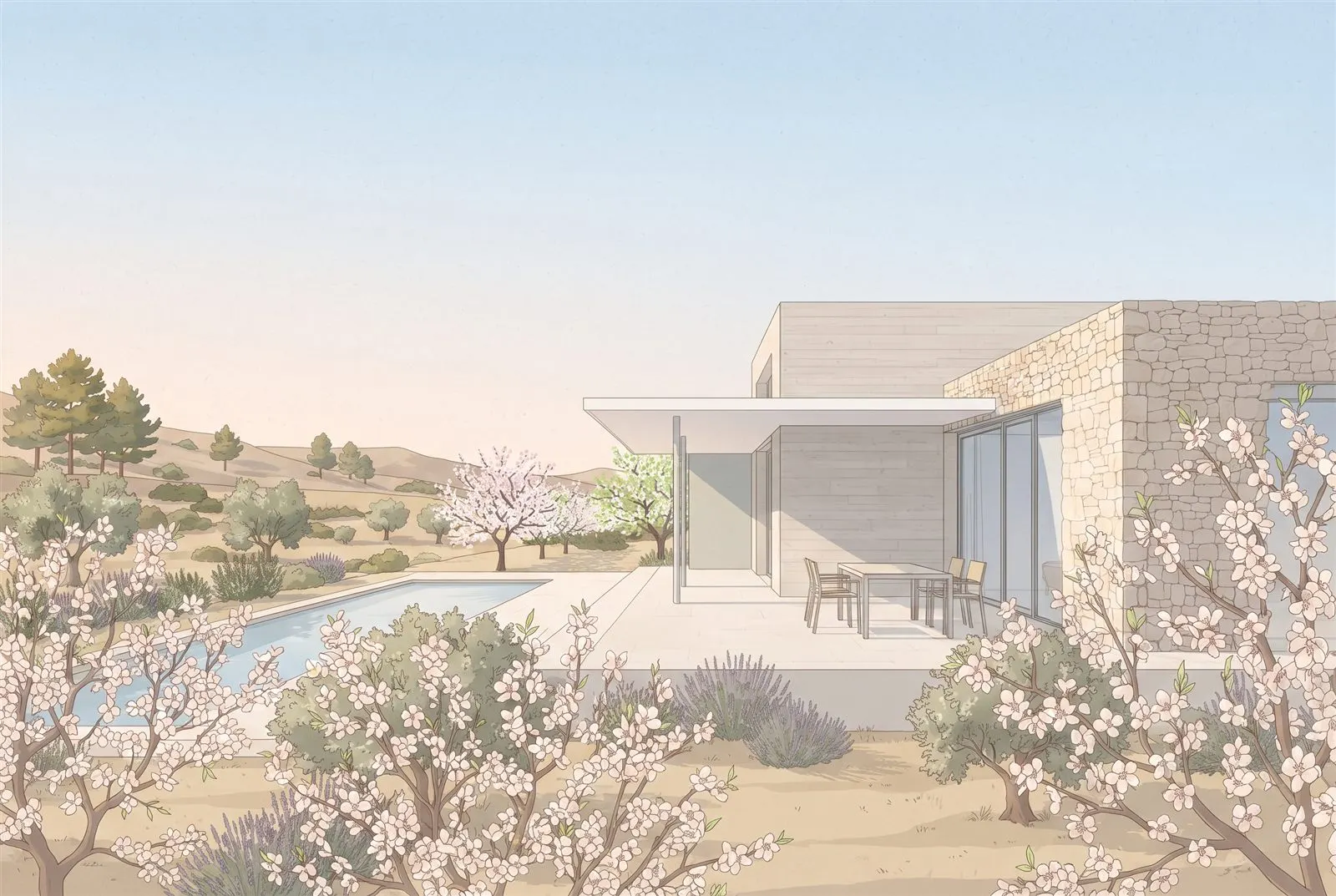 Illustration of a modern single-storey villa among almond trees at sunrise, a terrace table with two empty chairs.