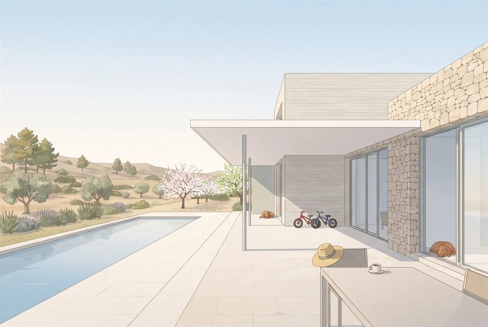 Illustration of a sunny terrace beside a long pool: a straw hat and coffee on the table, two children's bikes against a stone wall, dogs asleep in the shade.