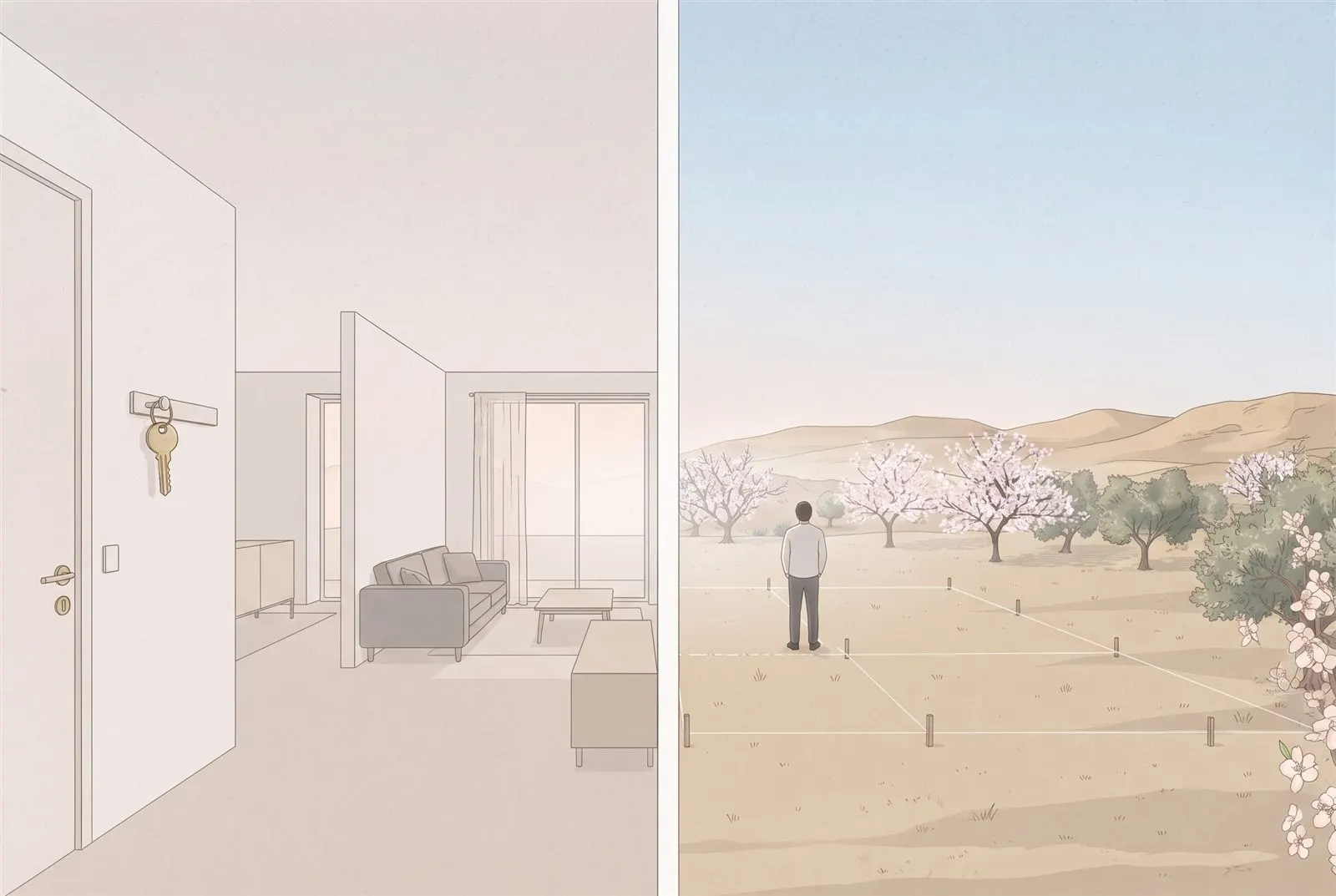 Split illustration: on the left, a key on a hook in an impersonal show apartment; on the right, a person standing on an empty plot marked out with string lines, looking at the hills.