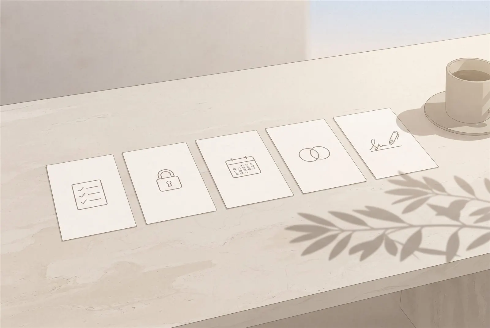 Illustration of five blank cards with simple icons laid out on a stone table next to a coffee cup.