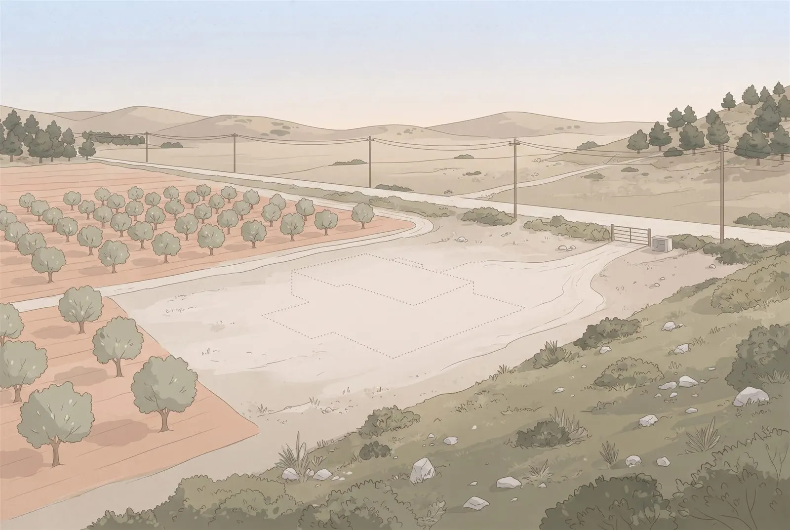 Illustration of an empty rural plot with almond trees, a dirt track, a power line and a dotted outline where a future house could stand.