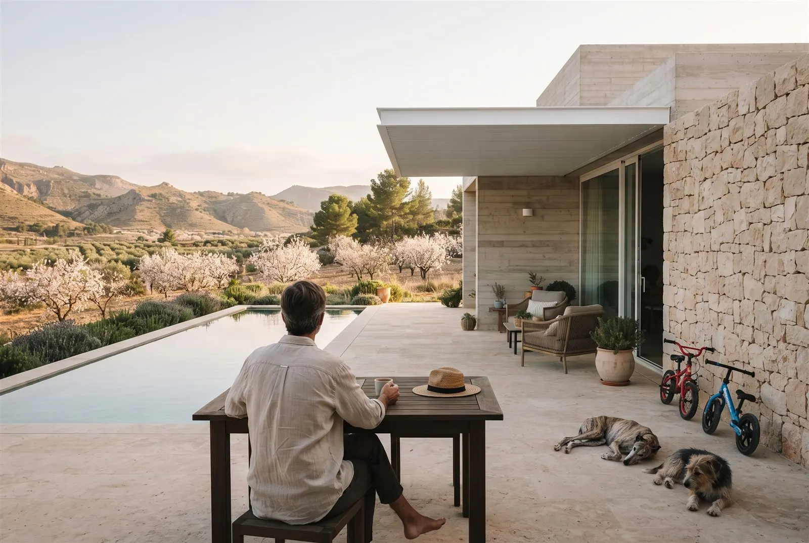 The finished terrace in the morning, someone sitting with a coffee looking at the almond trees.