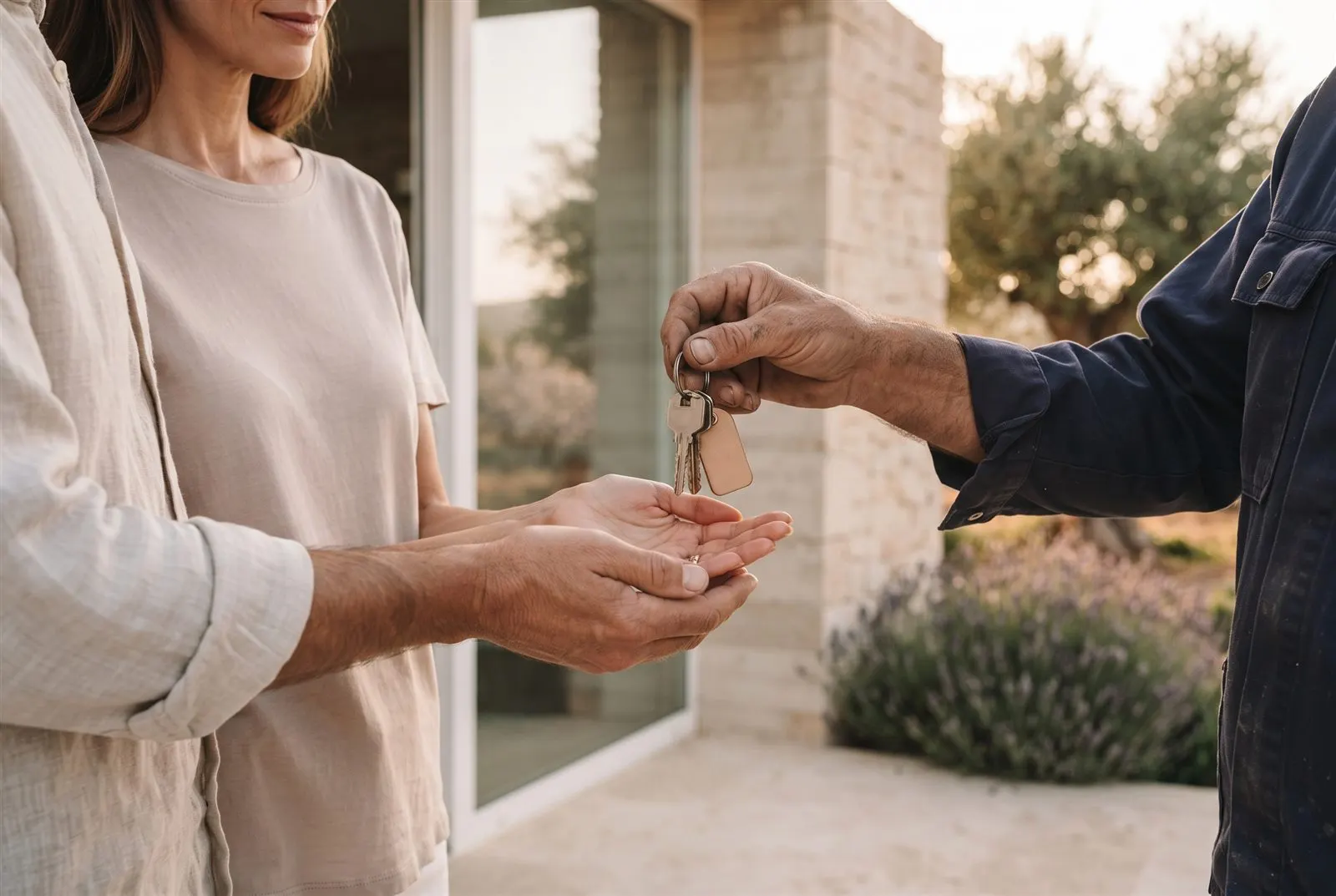 A builder hands the house keys to a couple at the glass front door.