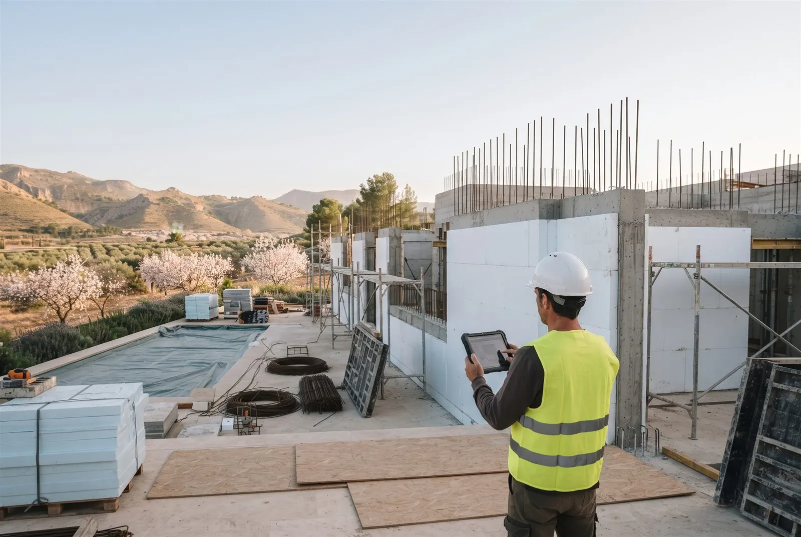 Haus im Bau: Wände aus Stahlbeton mit Dämmung auf beiden Seiten, die Bauleitung prüft sie mit einem Tablet.