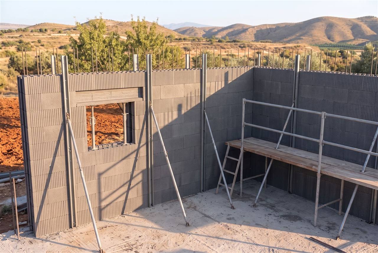 Muros levantados hasta la altura de la casa, con puntales, andamio y el hueco de una ventana