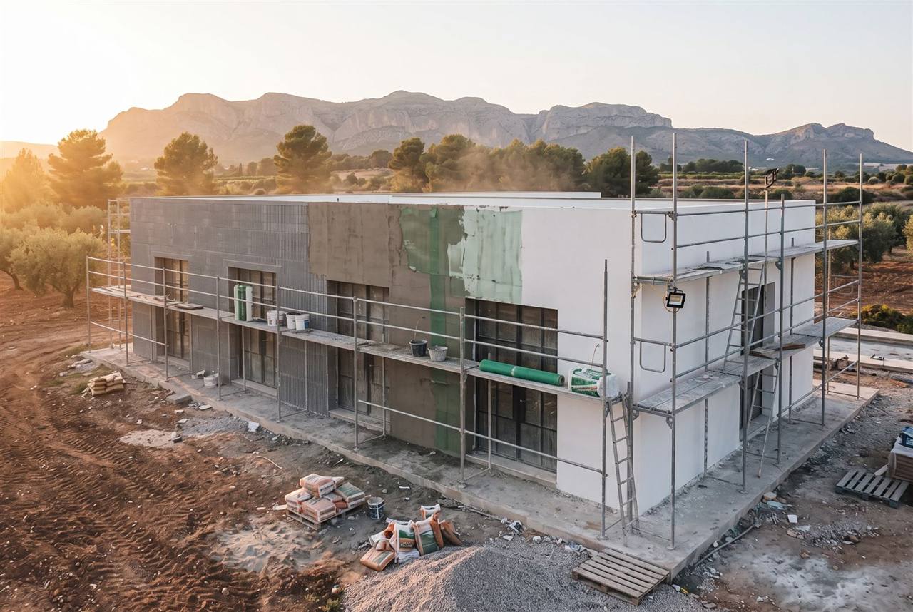 Fachada de la casa con andamio, con parte del muro visto y parte ya revestida