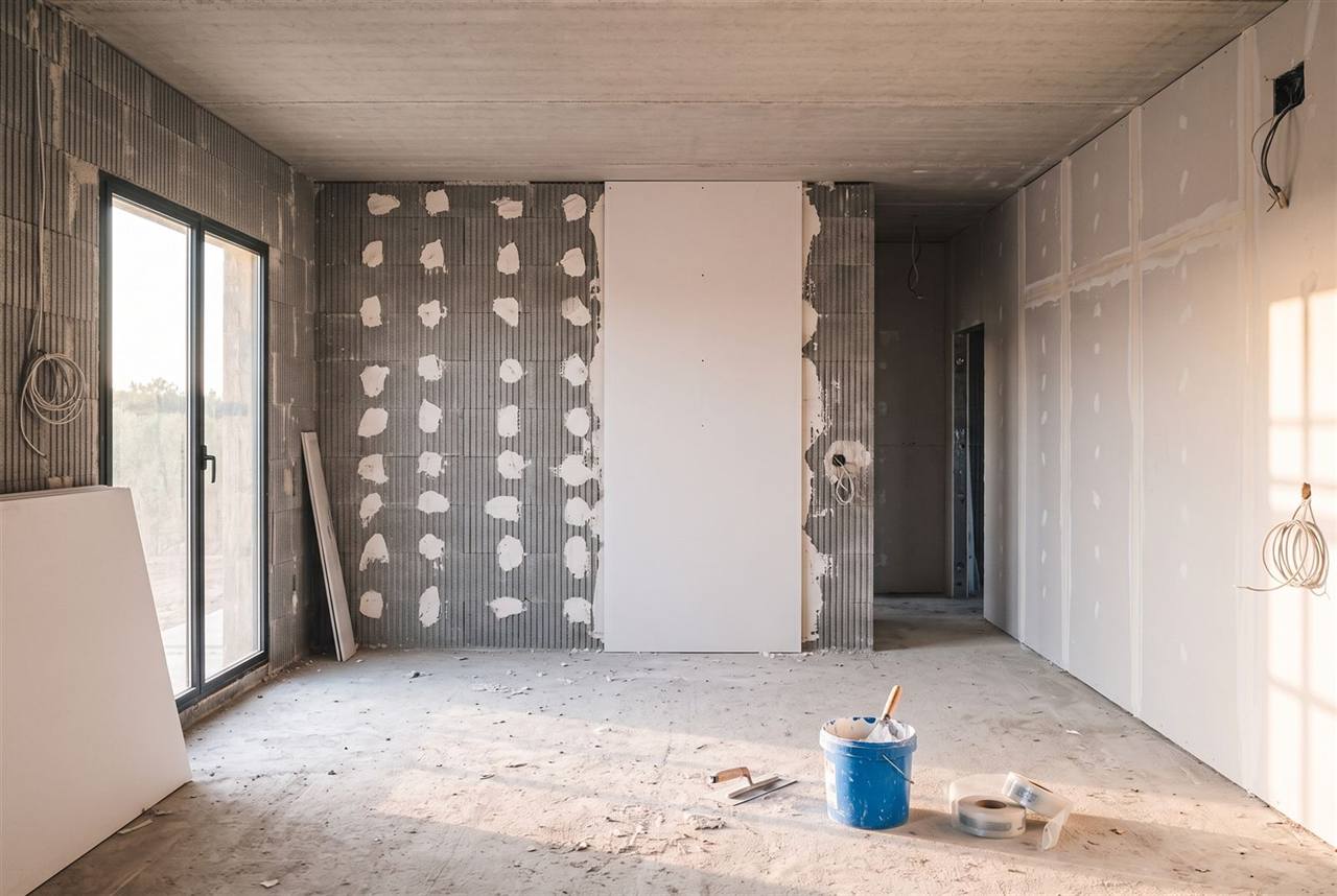 Interior de una estancia con placas de yeso laminado colocadas sobre el muro