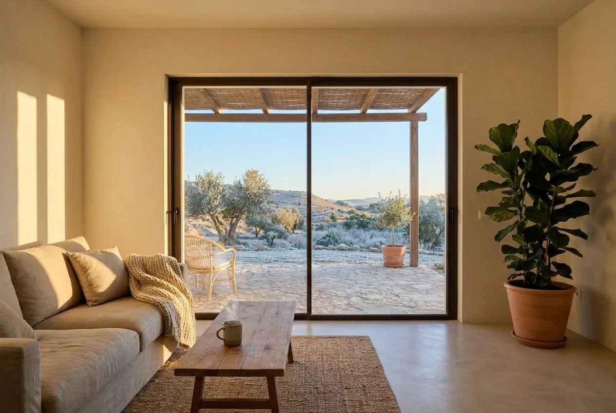 The same living room on a winter morning, with the low sun reaching the sofa and a hot mug on the table