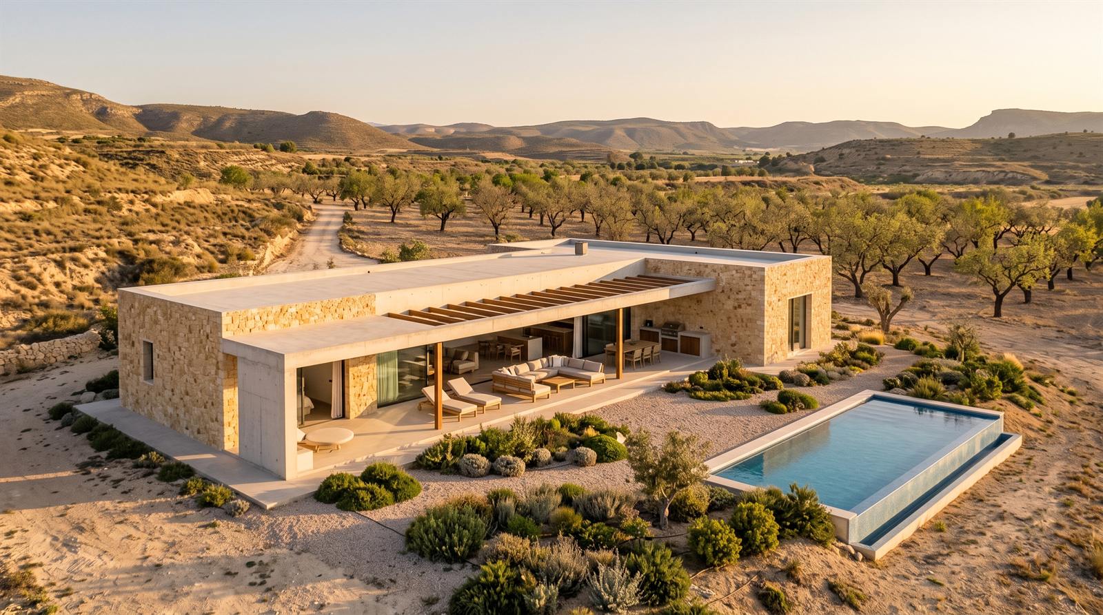 Villa de una planta con piscina entre almendros