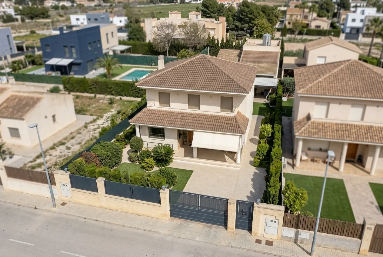 Villa de dos plantas con cubierta de teja y porche con toldo