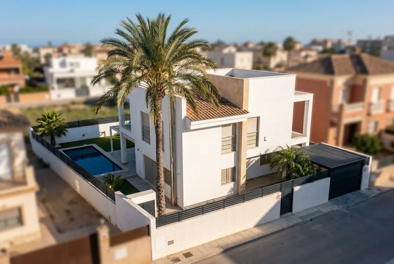 Villa moderna de volúmenes blancos con piscina y palmera