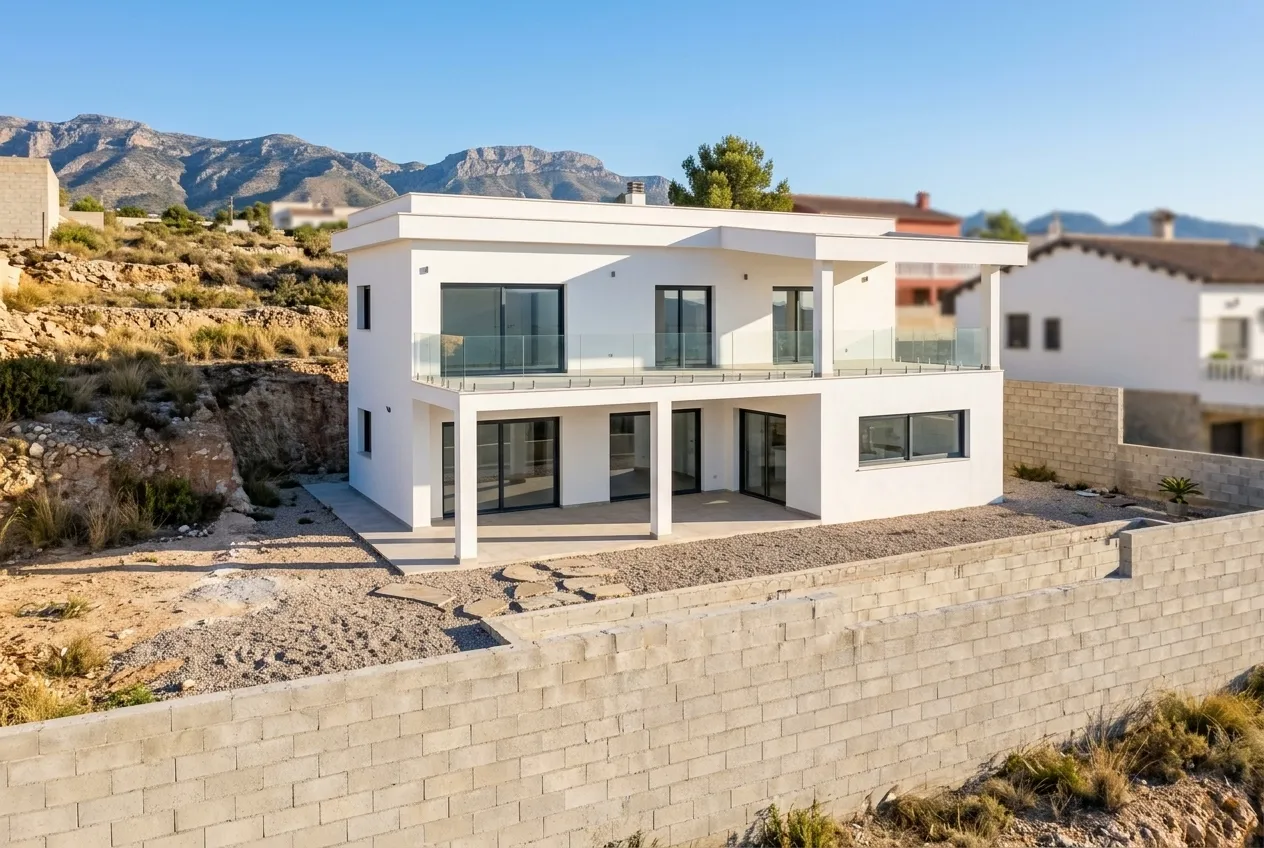 Casa de dos plantas en ladera, con gran porche y terraza, sobre muro de contención