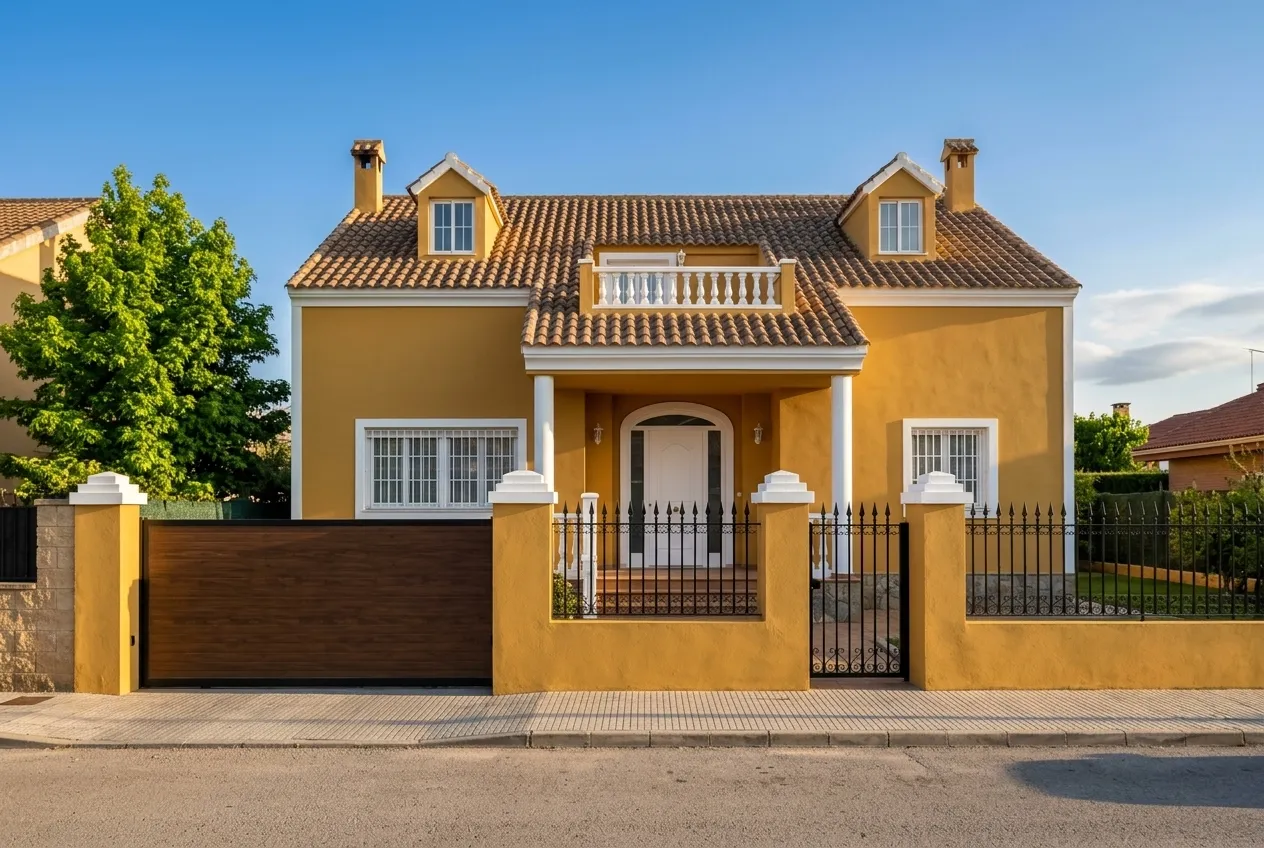 Casa de dos plantas con buhardillas, fachada mostaza, porche de columnas blancas y balcón con balaustrada
