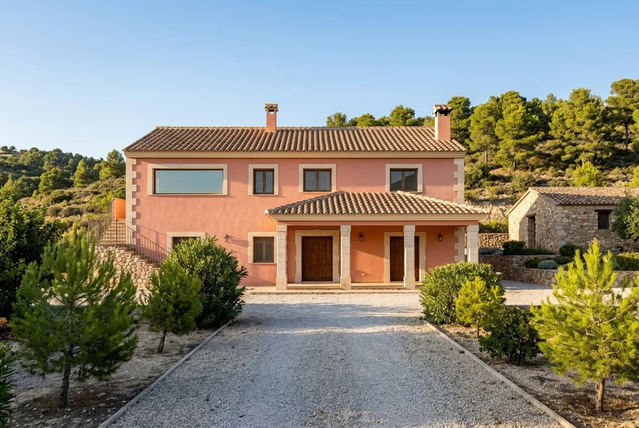 Chalet de dos plantas en el campo, fachada salmón con esquinas de sillar, porche de teja y una construcción de piedra al lado, con pinos y monte detrás